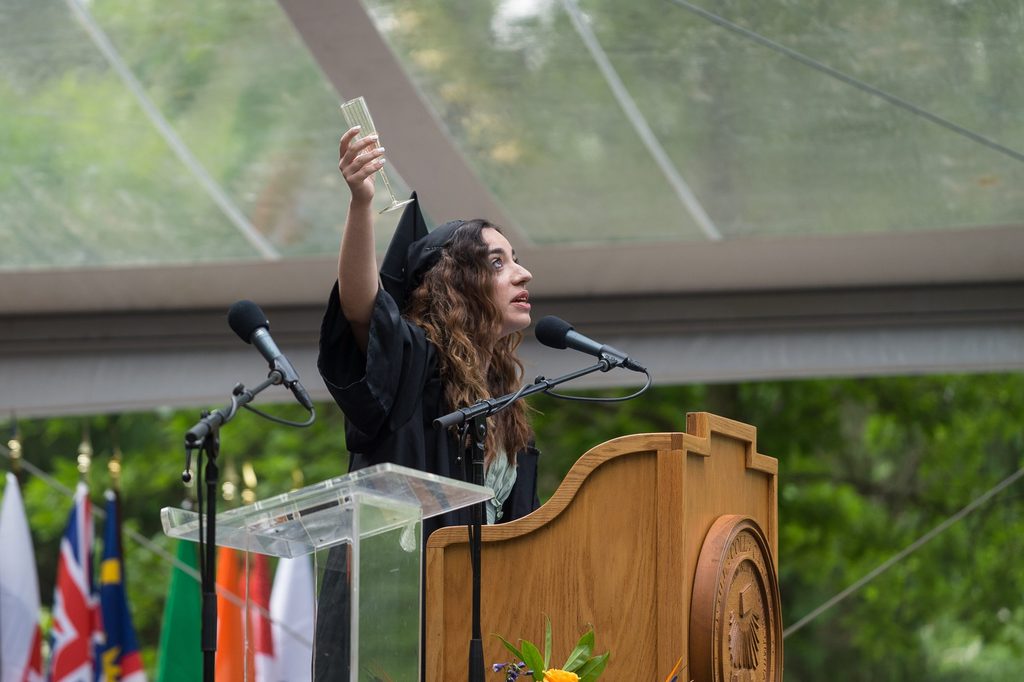 Bahar Taş ’23 giving a speech at Commencement.