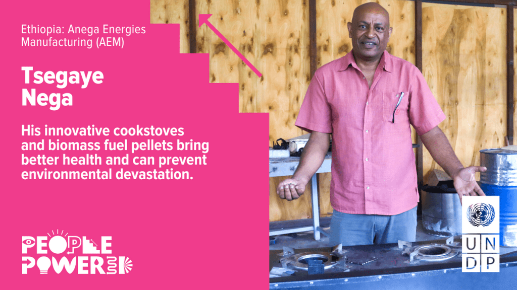 Graphic announcing Tsegaye Nega's company Anega Energies Manufacturing as part of the UNDP People Powered campaign.