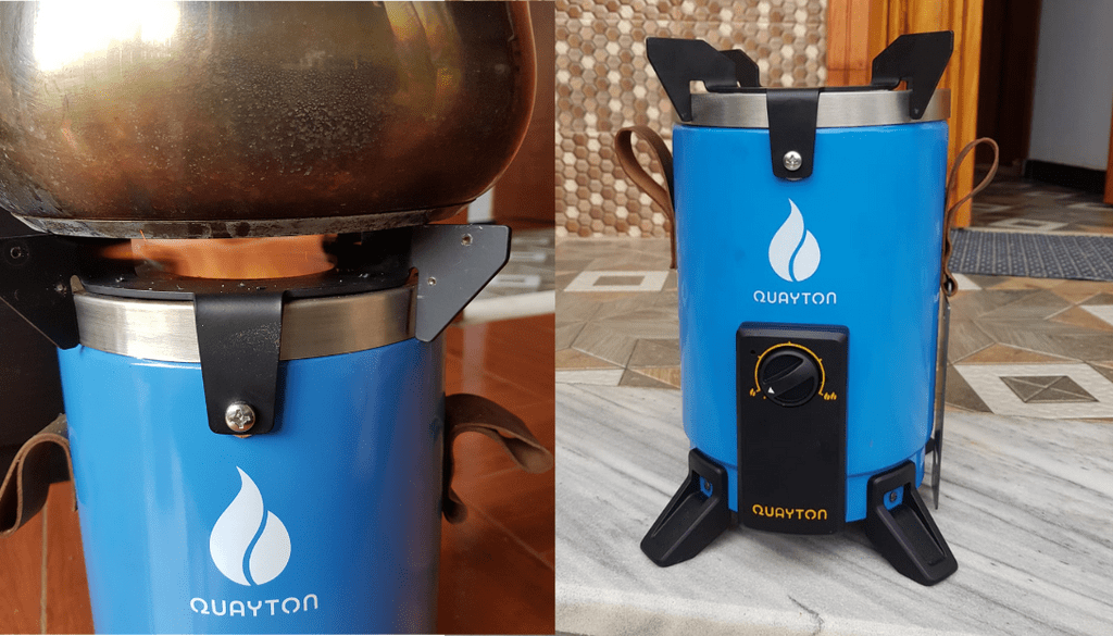 Collage of two close-up photos of a blue cookstove.