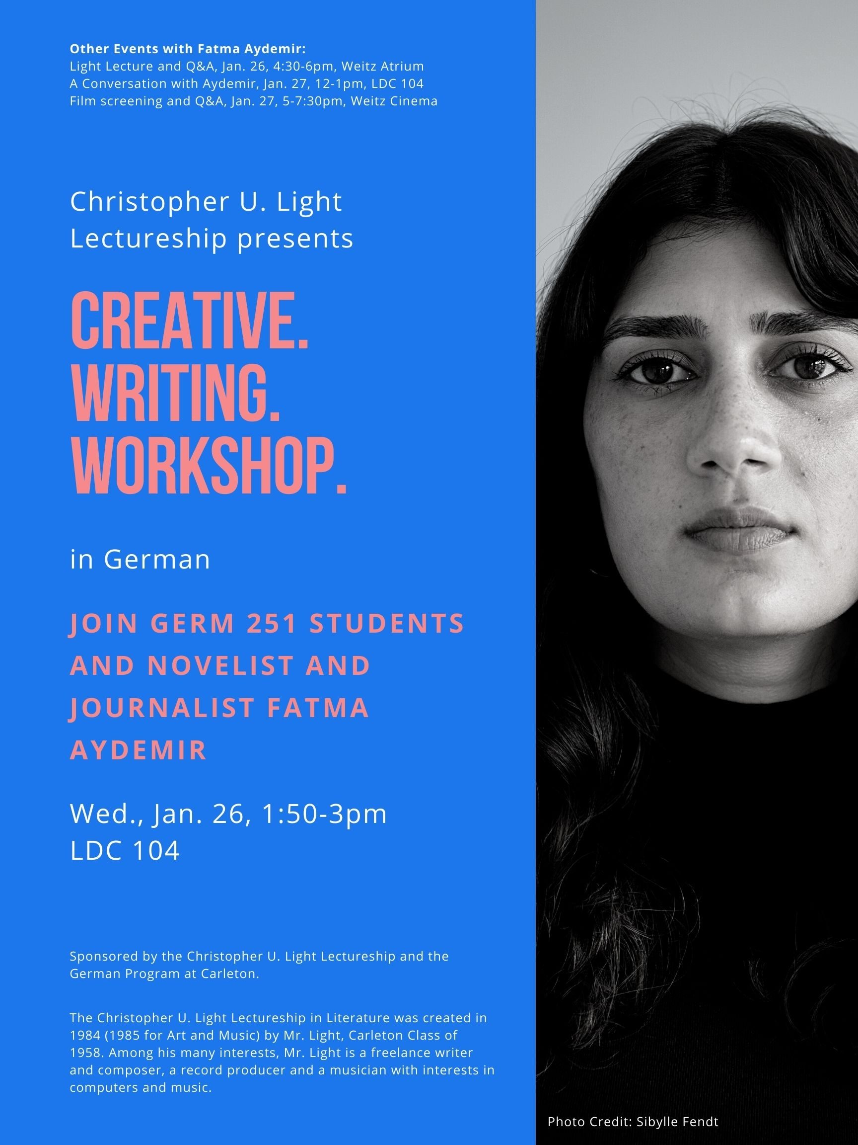 Poster for creative writing workshop with Fatma Aydemir