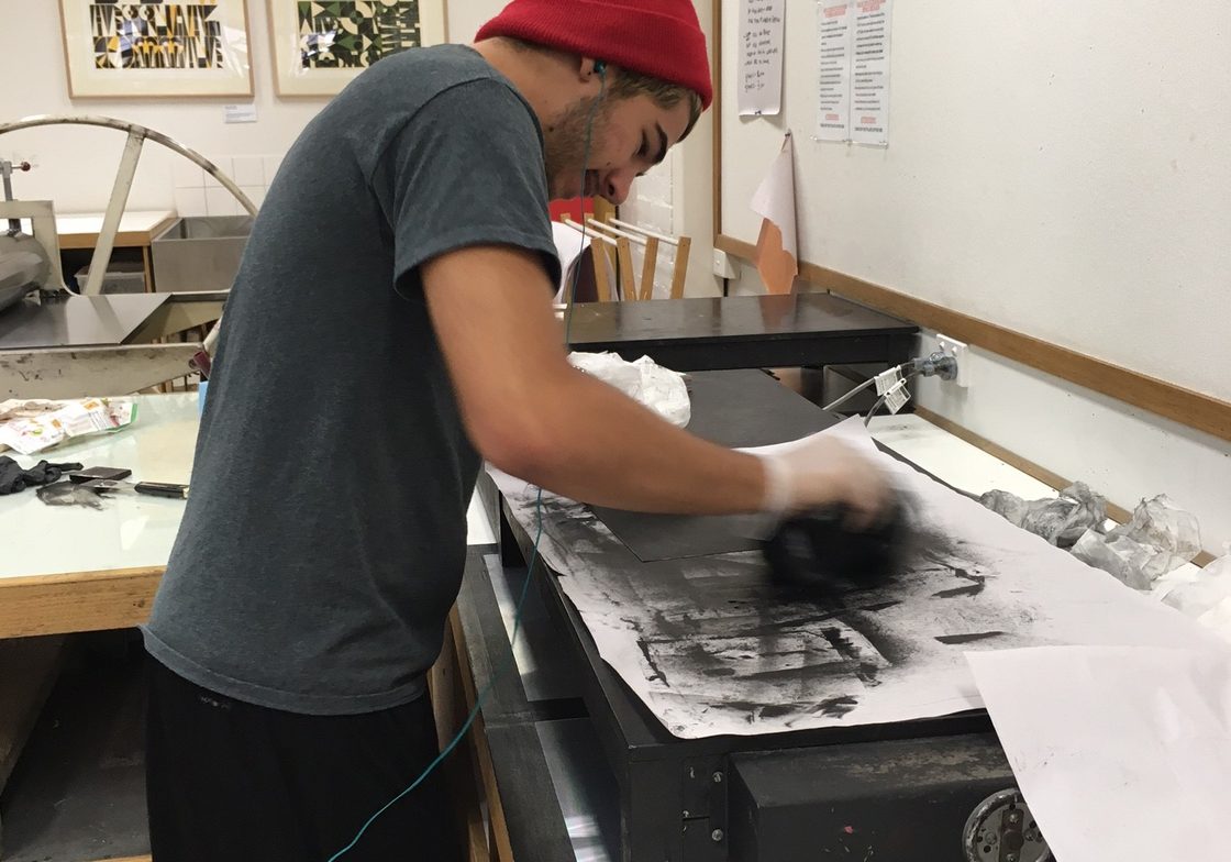 Cristian inks up a plate for proofing - Winter 2017