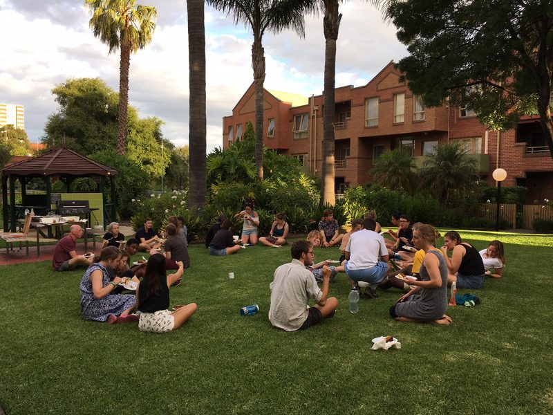 After an intense week of studio days, student relax at a pizza party in the gardens - Winter 2017