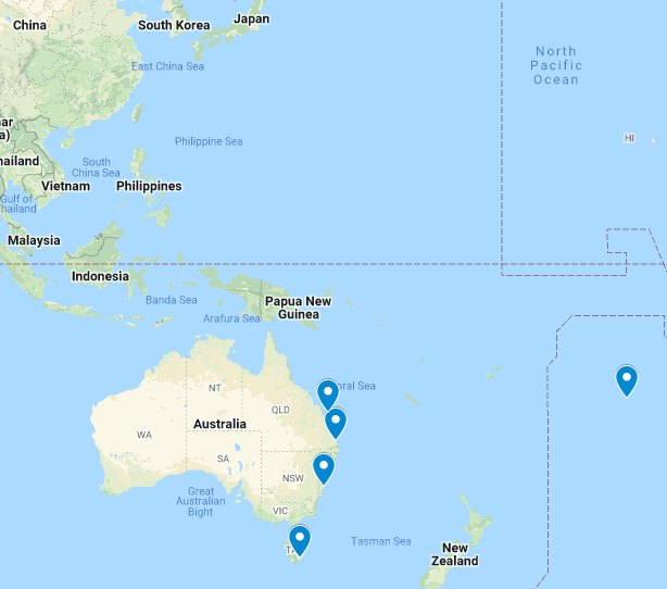 map including rarotonga, tasmania, sydney, melbourne, brisbane & heron island