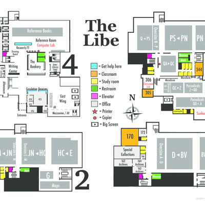 Floor maps for each of the library's four levels.