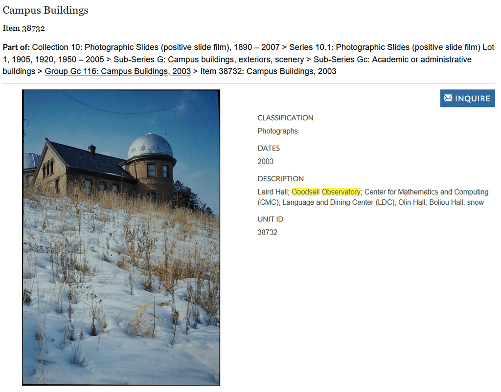 A screenshot of an item record with a scanned photo of Goodsell Observatory to the left and the item's metadata to the right