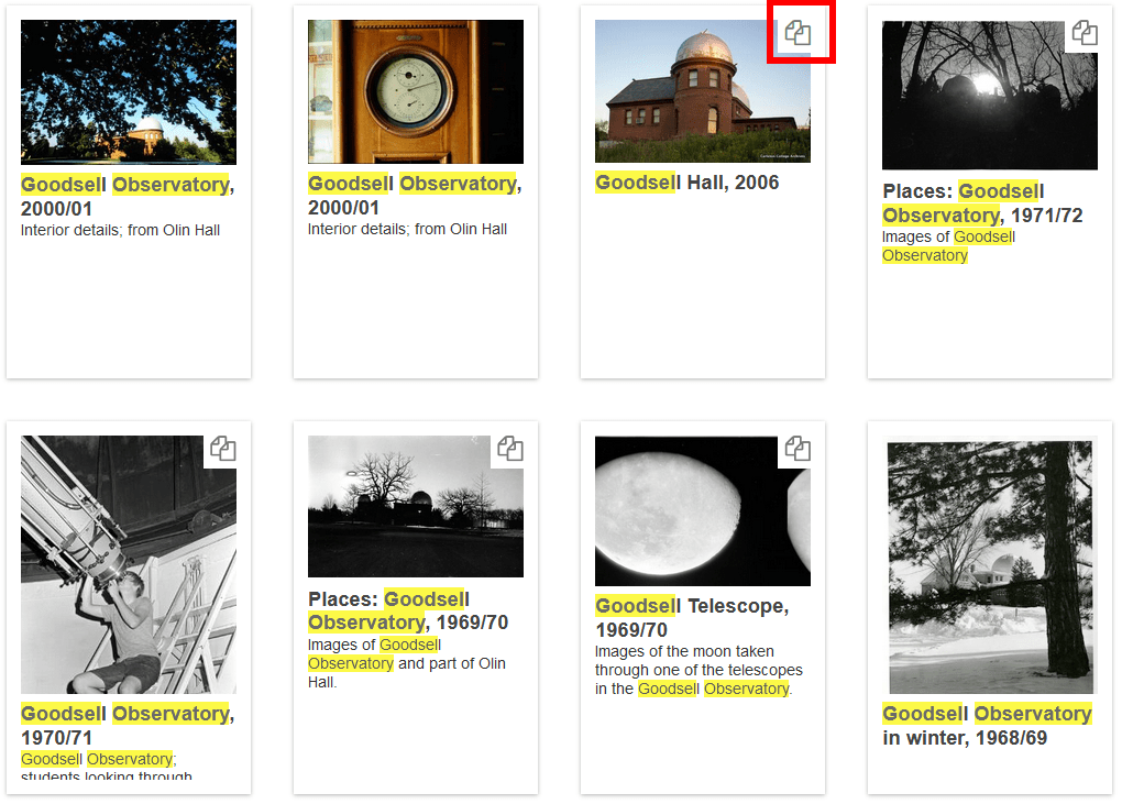 A screenshot of digital items from a search for "Goodsell Observatory". A few items' thumbnails have an icon in the top-right corner, indicating that they have multiple files