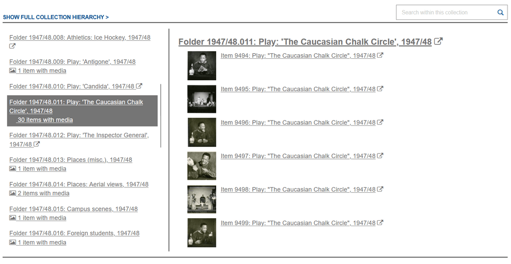Screenshot of the collections browser, showing a list of folders on the left side. One of these folders is selected and highlighted, and a list of its items with titles and thumbnails is shown to the right.