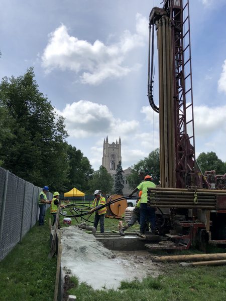 Drilling on the Bald Spot with the Chapel in the background