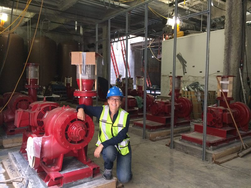 Martha Larson, the Manager of Campus Energy & Sustainability and project manager of the Utility Master Plan next to one of the new pumps in the EES.