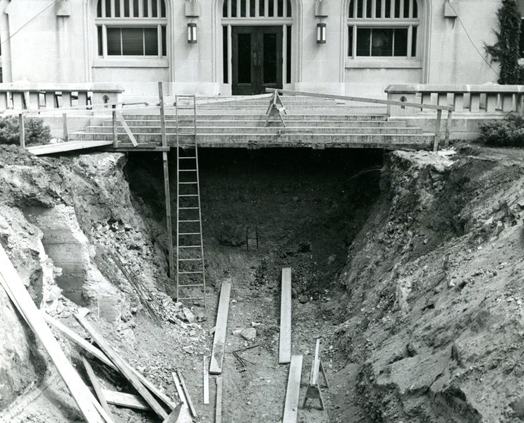 Steam tunnels under construction into Leighton Hall