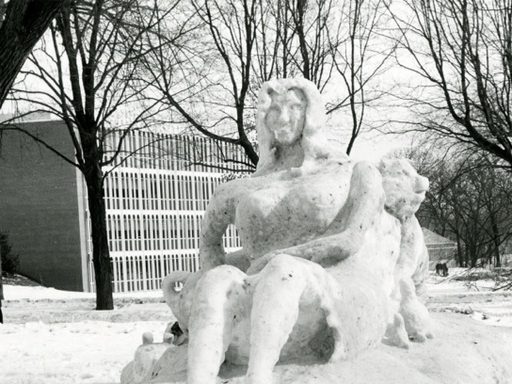 1960s photo of a snow sculpture on campus