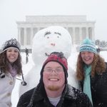 Students Building Snowman in front of Lincoln Memorial