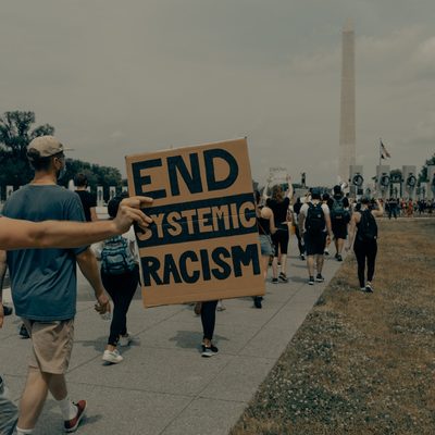 End Systemic Racism Sign and Protestors in front of Washington Monument