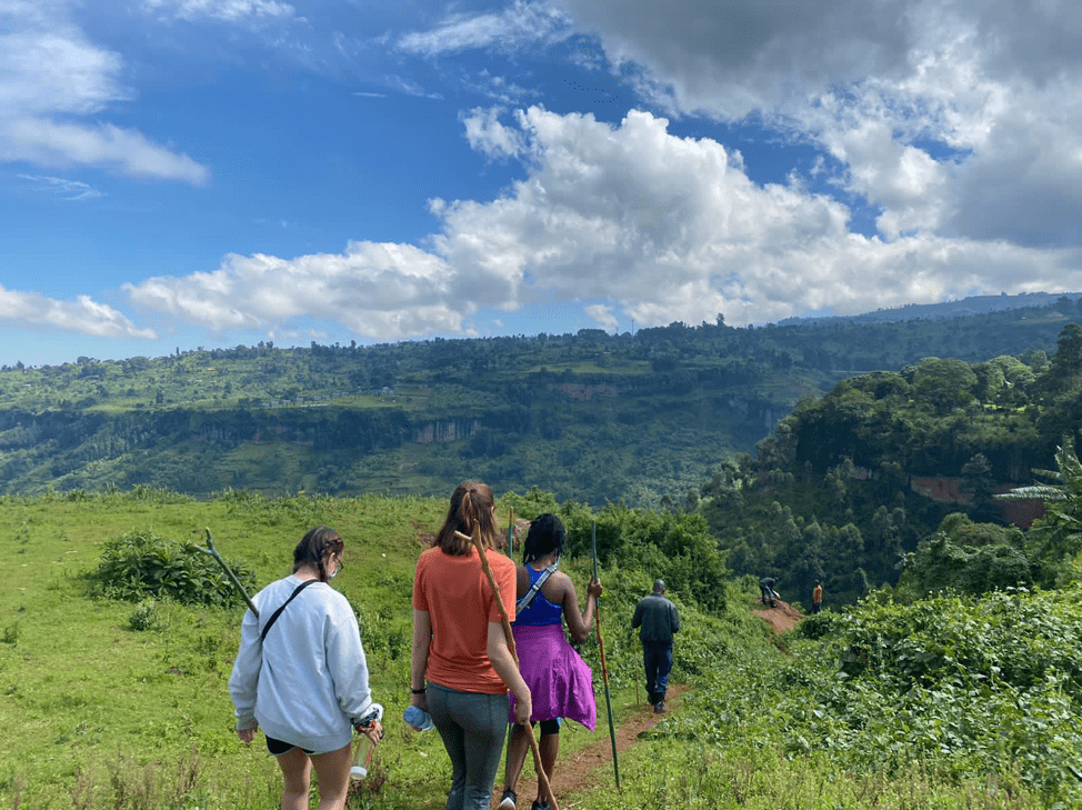 Four students walk down a lush hill with walking sticks in hand.