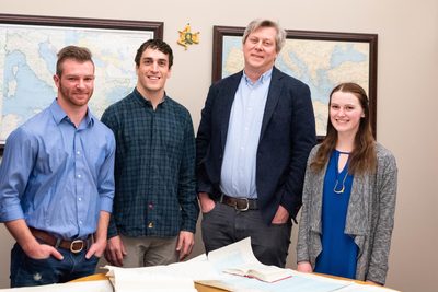 Patrick Mullins '20, Gabe Nass '20, Professor Jake Morton, and Isabel McFadden '20