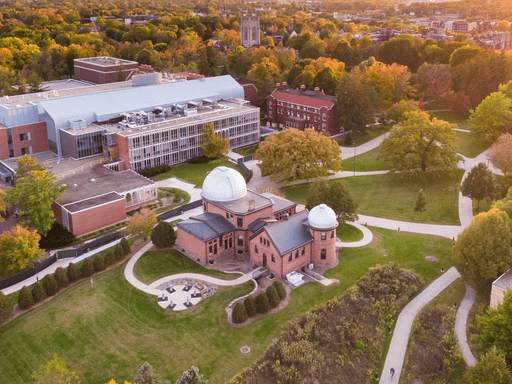 Aerial photo of campus over Goodsell Observatory and Anderson Hall.
