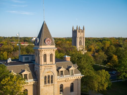 Aerial photo of Willis Hall and Skinner Chapel in the background.