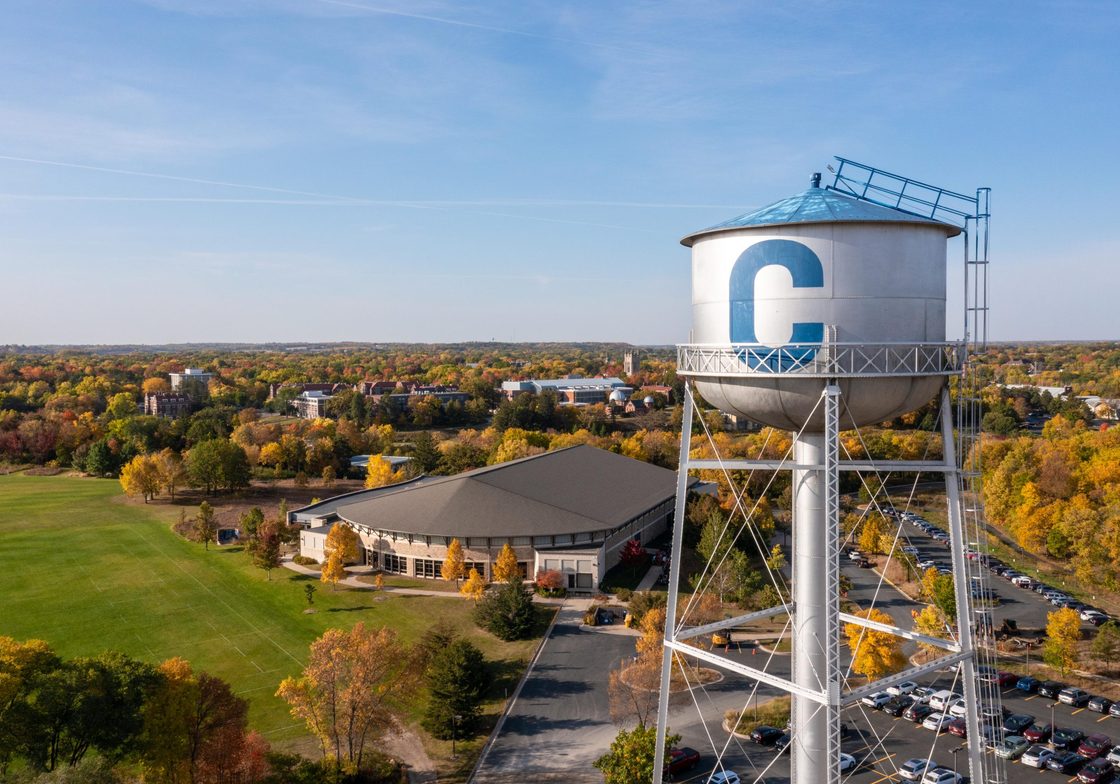 Aerial of Carleton water tower overlooking the Rec Center in the autumn.