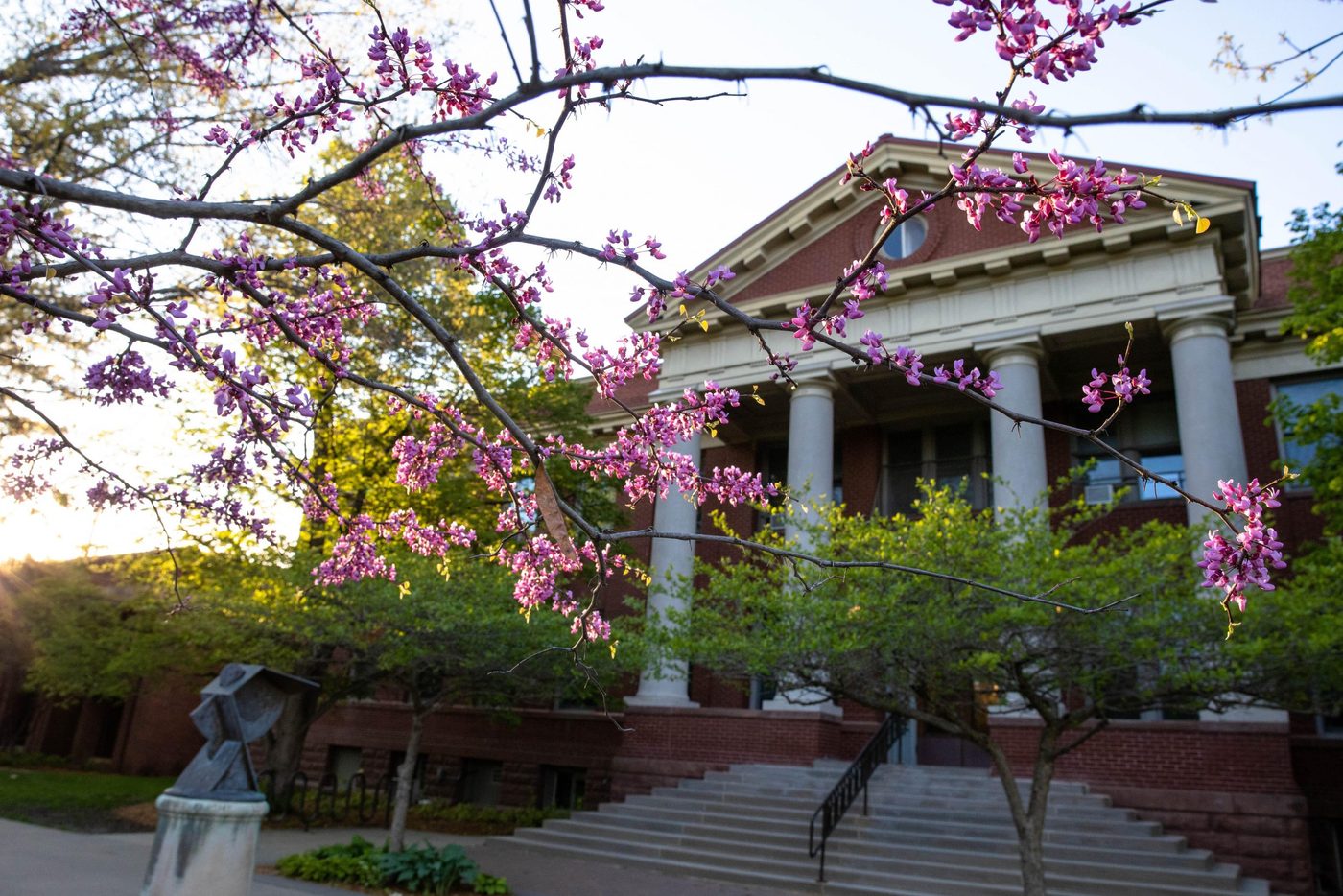 Sayles Hall building with spring branches