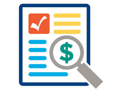 icon of paper outline with blue and yellow lines for text, a red check mark and a magnifying glass over a green dollar symbol