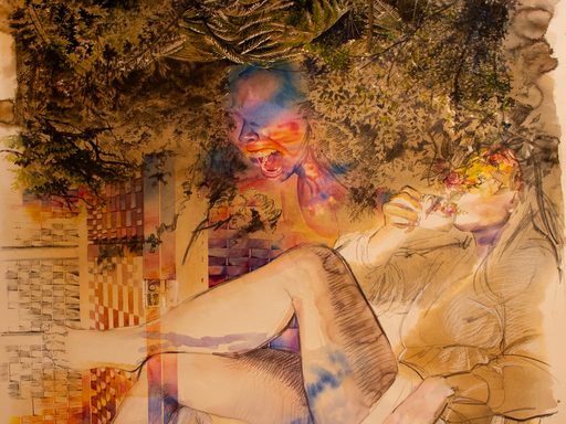 Watercolor image of a woman sitting sipping tea whose head blends into an overhead canopy of lush, green vegetation. A vibrantly colored, screaming head in blue, purple, red and orange emerges from the middle vegetation. On the left is a checkered screen overlapping with the women’s edge.