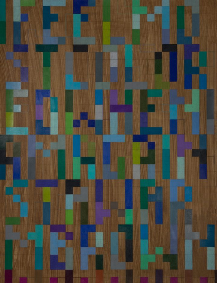 Geometric letters in different shades of green, blue, and purple