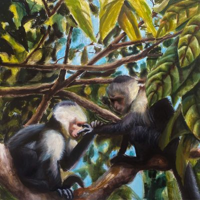 Positioned on a branch and surrounded by loosely painted foliage with bits of sky showing through, one capuchin monkey pokes another capuchin monkey in the eye.