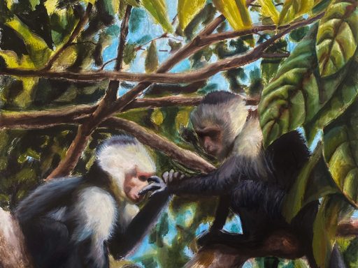 Positioned on a branch and surrounded by loosely painted foliage with bits of sky showing through, one capuchin monkey pokes another capuchin monkey in the eye.