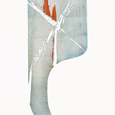 Printmaking image of a school desktop with a light blue/gray background interrupted by white and red lines.