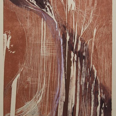 Abstract woodcut print in burnt orange revealing vertical lines of beige paper