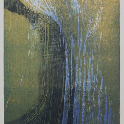 Abstract woodcut print which depicts vertical drips that run down the frame in blue, green, and yellow. There are several layers of color that overlap, and the background is a gradient that moves from yellow to a darker blue-green