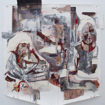Collaged painting of two seated women in shades of gray and red