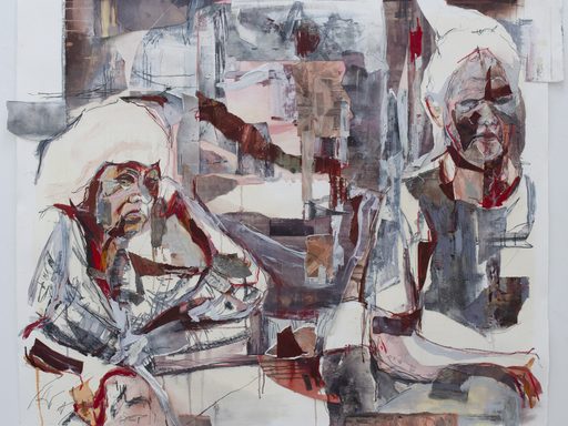 Collaged painting of two seated women in shades of gray and red