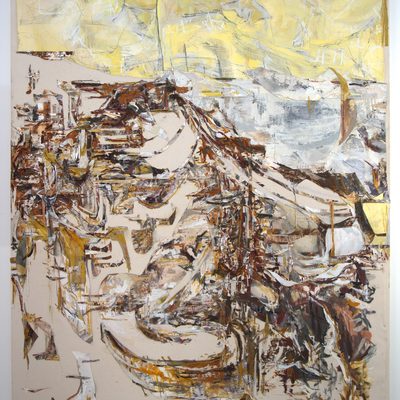 Abstract painting constructed from cut pieces of painted canvas in light yellow, light blue, dark red, orange, and beige, stitched to canvas support