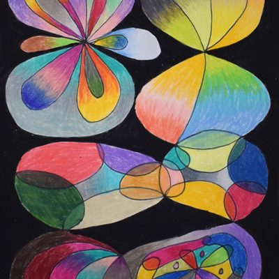 Bright colors of purple, green, blue, red, orange, and yellow fill overlapping petal shapes and rounded forms within a loose grid against a black background