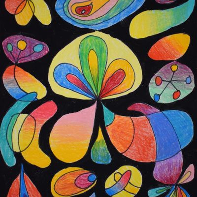 Bright colors of purple, green, blue, red, orange, and yellow fill overlapping petal shapes and rounded forms within a loose grid against a black background.
