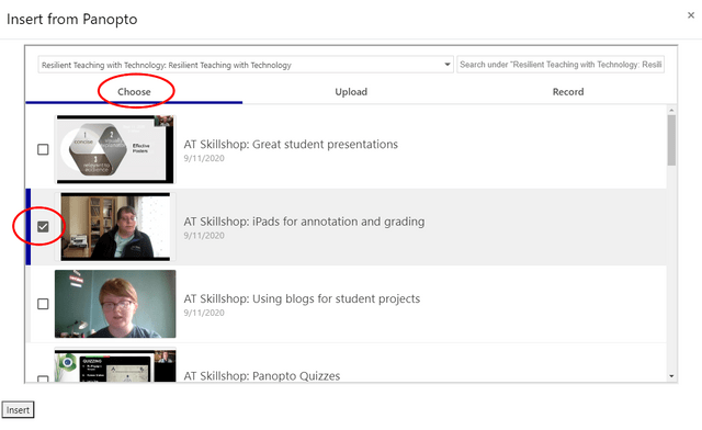 panopto choose a video