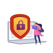 Woman with laptop and tablet and cybersecurity lock icon