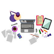 Laptop with lamp, papers, tablet, phone, and cup of coffee.