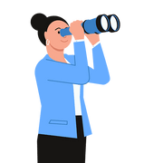 Cartoon of a woman in business clothes looking through large binoculars, indicating she is looking to the future.