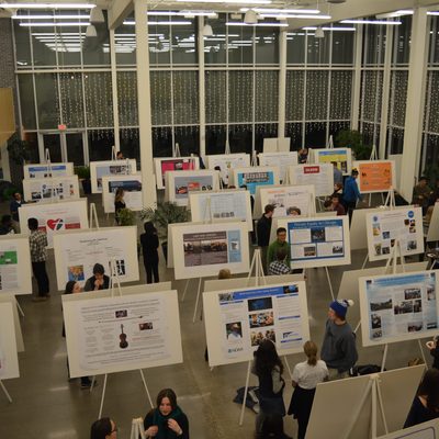 An overview of student externship posters inside the Weitz Center.