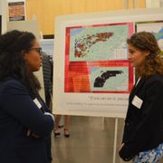 Students share their internship experiences at a poster session dinner.