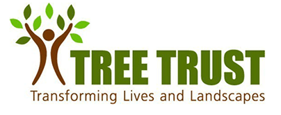 Tree Trust Logo. A person holding up leaves and name next to it