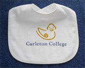 baby bib with a rubber duck and the words Carleton College