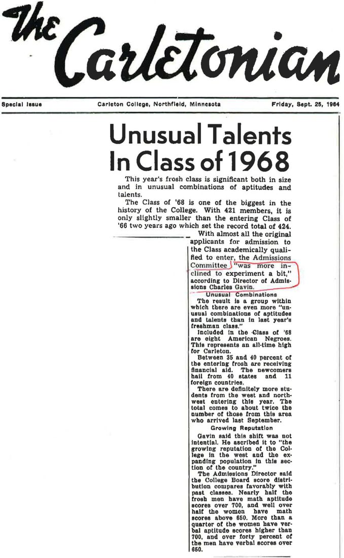 Was the Class of ’68 a Carleton Experiment? Class of 1968 Carleton