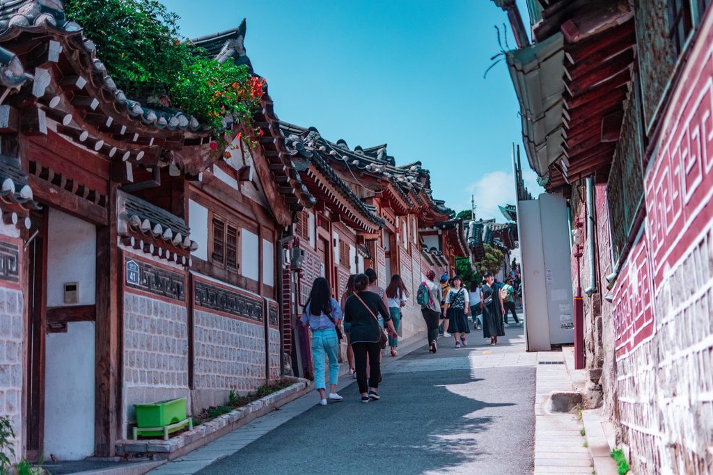 street in korea with red buildings