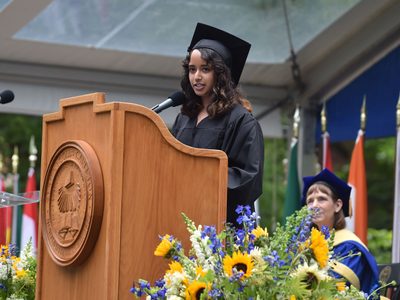 Mimi Majumdar ’22 delivers a speech at Commencement 2022