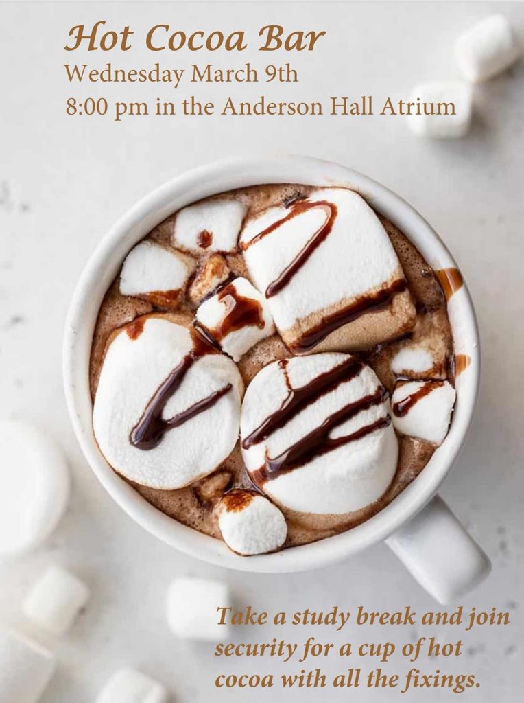 Poster featuring a cup of delicious hot chocolate topped with large marshmallows and drizzled with chocolate syrup with hot cocoa bar event details.