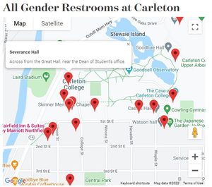 Screenshot image of campus map with pins on each campus location with all-gender bathrooms