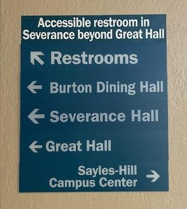 Blue entrance way-finding signage in Sevy